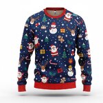 Nachtblauwe kersttrui met Kerstmannen, rendieren, sneeuwpoppen, zuurstokken en sterren
