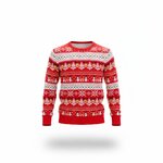 Rode jacquard kersttrui met witte sneeuwvlokken, rendieren en sneeuwpoppen