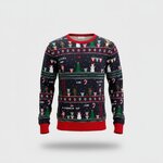 Marineblauwe kersttrui met pixel-art Kerstman, kerstbomen, sneeuwvlokken en snoepjes