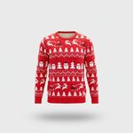 Rode jacquard kersttrui met witte sneeuwvlokken, kerstbomen en sneeuwpoppen