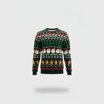 Donkergroene kersttrui met Kerstmannen, gemberkoekmannetjes en gele tekst Happy Holidays