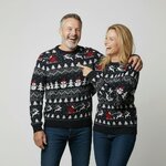 Stel in nachtblauwe foute kersttrui Sneeuwstorm met Rudolph en de Kerstman