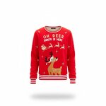 Rode kersttrui met rendier, slee van de Kerstman, sterren en Oh Deer, Santa is Here