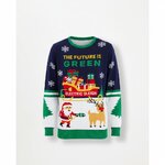 Kersttrui Groene Kerst met Electric Sleigh, kerstbomen, sneeuwvlokken en tekst The Future is Green