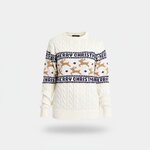 Crèmekleurige kersttrui met gouden rendieren en marineblauwe tekst Merry Christmas
