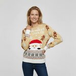 Vrouw in beige foute kersttrui Nooit zonder koekje van biologisch katoen