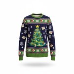 Marineblauwe kersttrui met groene kerstboom, gouden ster en witte sneeuwvlokken