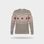 Taupegrijze kersttrui met rood-witte Scandinavische jacquard en tekst Merry Christmas
