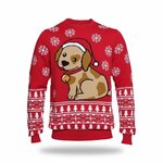 Rode kinderkersttrui met hondje met kerstmuts en gouden belletje
