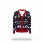 Marineblauw kerstvest met rendieren, Kerstman, peperkoekmannetje en rode manchetten