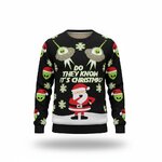 Zwarte kersttrui met Kerstman, twee vliegende schotels en aliens met rode mutsjes