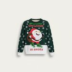 Groene kersttrui met Kerstman op glinsterende sneakers en tekst All I Want for Christmas Is Shoes