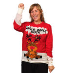 Vrouw in kersttrui Bimbam met chagrijnig rendier en Jingle Bells Suck