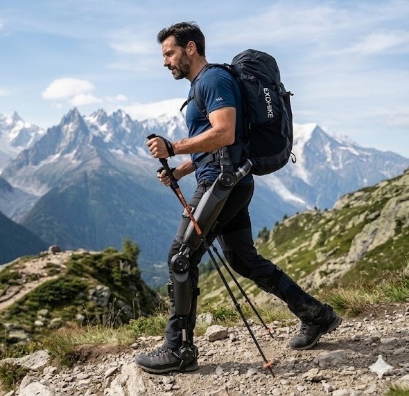 randonneur equipe d un exosquelette de jambe en carbone lors d une ascension en haute montagne vue technique sur l assistance biomecanique