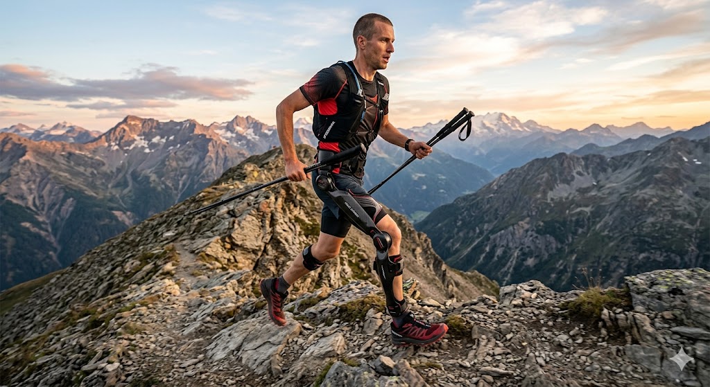 randonneur rapide sur une crete de montagne avec exosquelette ultra leger en carbone pour la performance et la vitesse