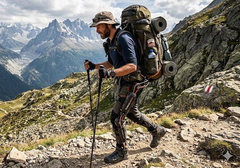 randonneur en itinerance avec sac a dos lourd et exosquelette haute autonomie pour trek et gr