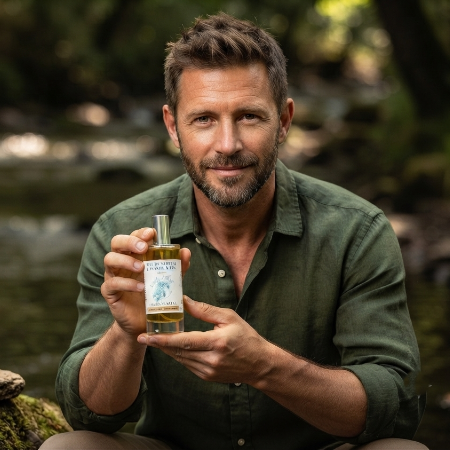 _ Eau de  Parfum Boisé présenté par un homme  Bio savoie Secrets dAloyse