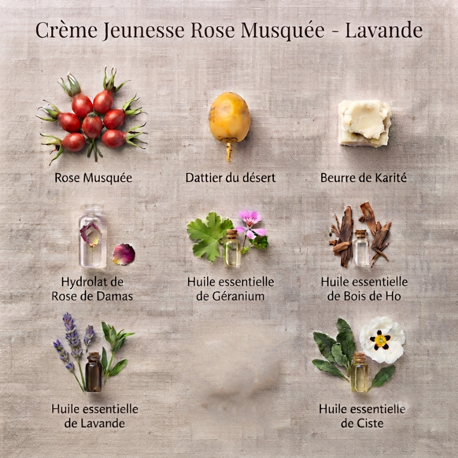 _ Creme Jeunesse Rose Musquée - Lavande Carré Ingrédients Secrets dALOYSE
