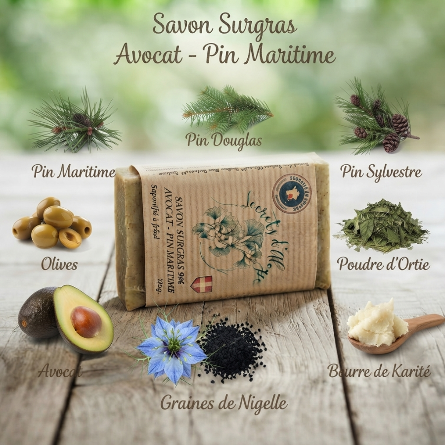 _Savon Surgras Avocat - Pin Maritime  carré  Ingrédients Secrets dAloyse