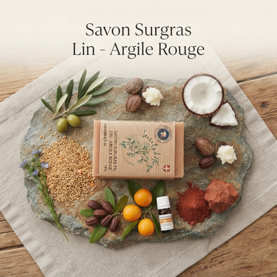 Savon Surgras Lin - Argile Rouge  carré  Ingrédients  Secrets dAloyse
