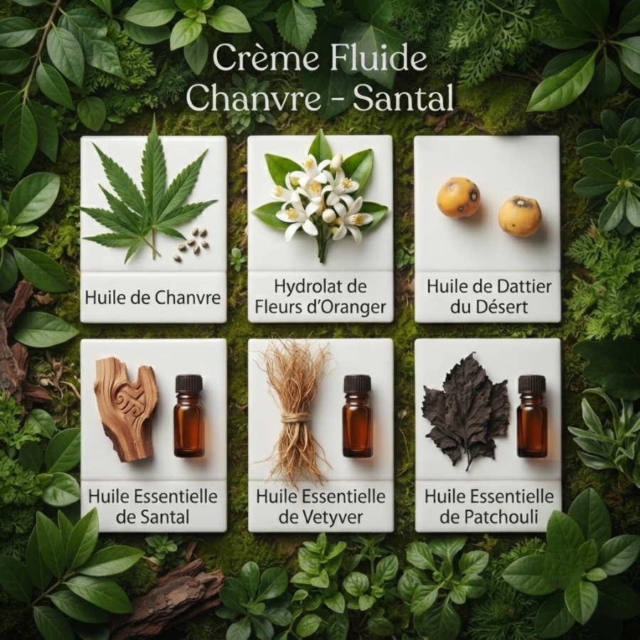 Crème Fluide Chanvre - Santal  carré  Ingrédients Secrets dAloyse