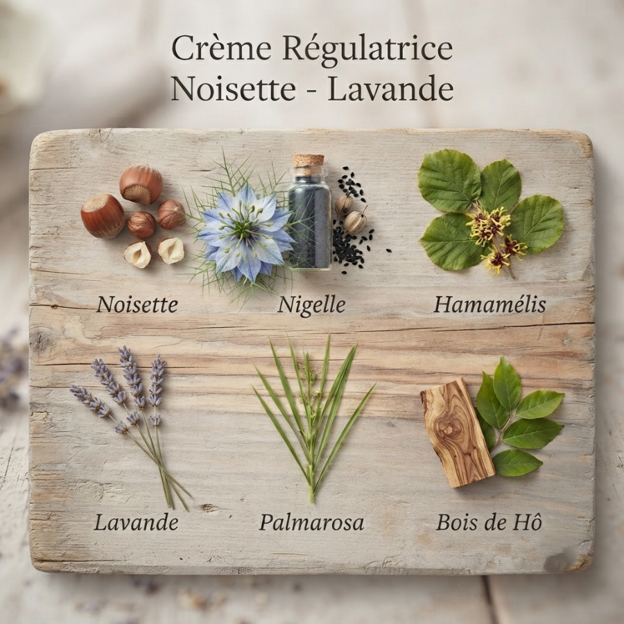 Crème Régulatrice  Noisette - Lavande  carré  Ingrédients Secrets dAloyse
