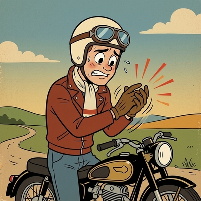 A motorcycle rider shaking his hand off due to pain