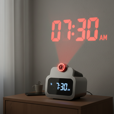 Digital alarm clock projecting time on a wall