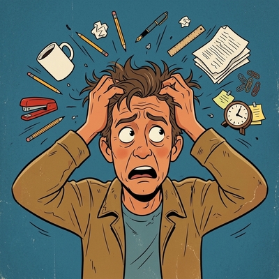 A frustrated office man over clutter