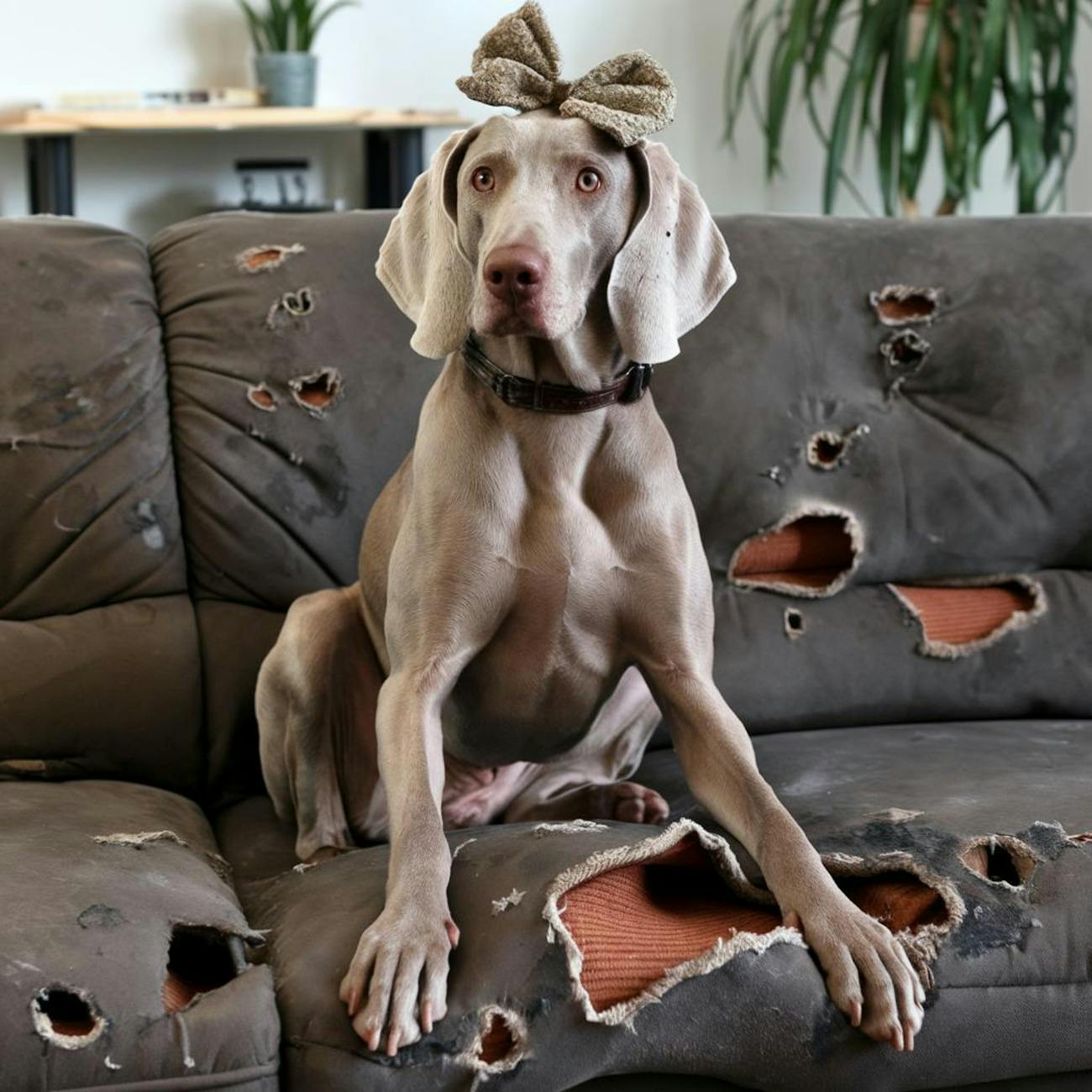 chien weimaraner joueur avec un arc assis sur un canape endommage a l interieur