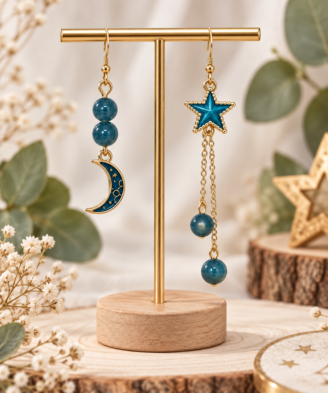 Boucles doreilles asymétrique apatite artisanale
