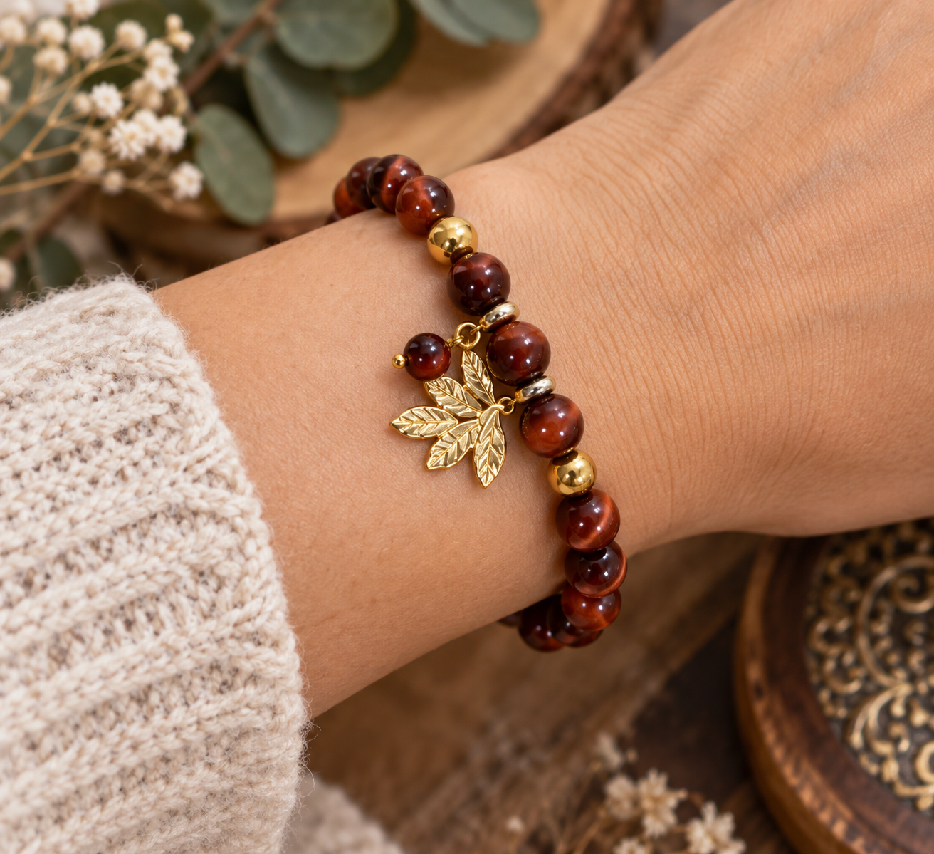 bracelet oeil de tigre rouge artisanal ancrage confiance