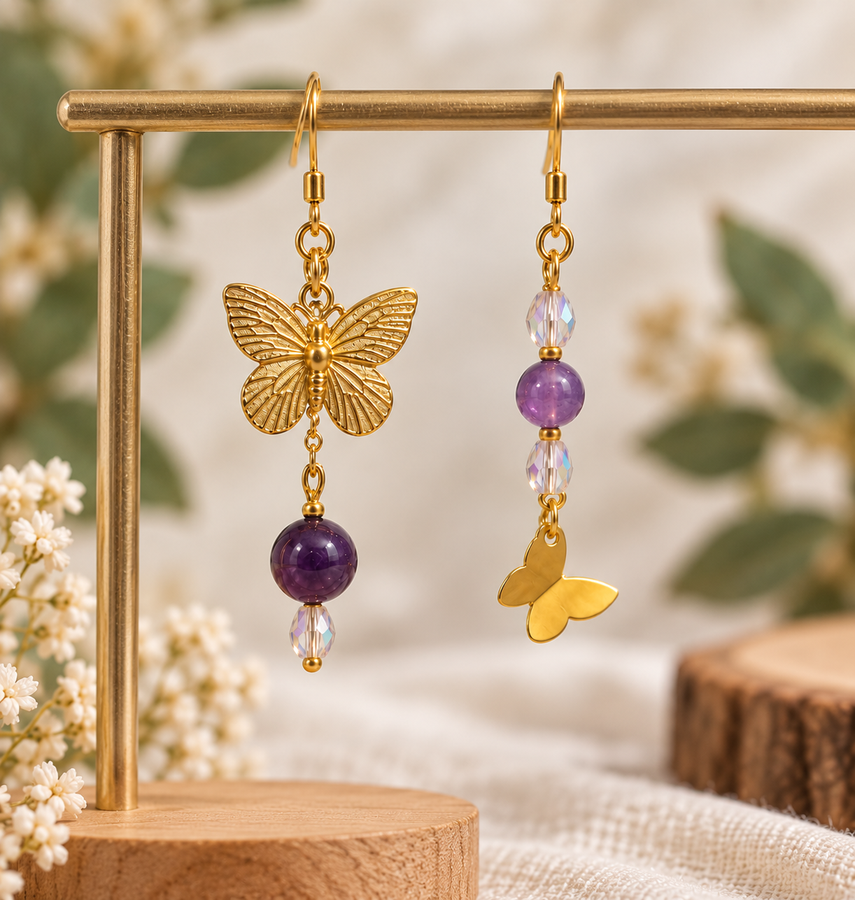 Boucles asymétriques améthyste papillon