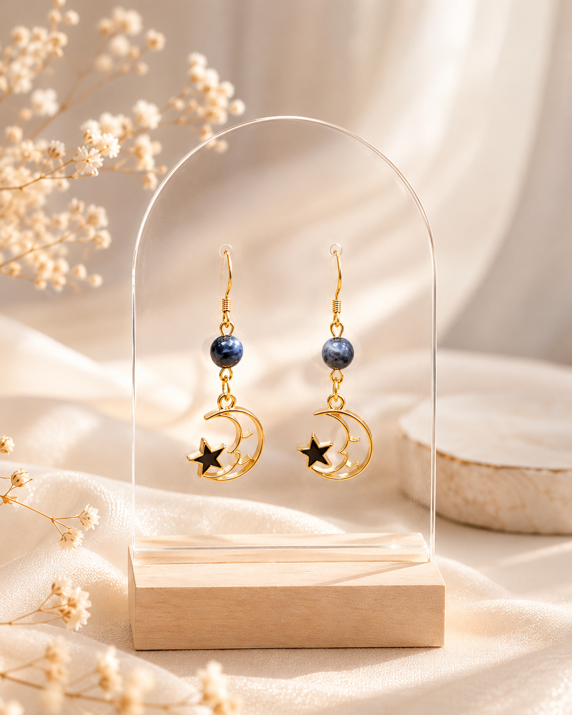 Boucles doreilles lune et étoiles noires 2