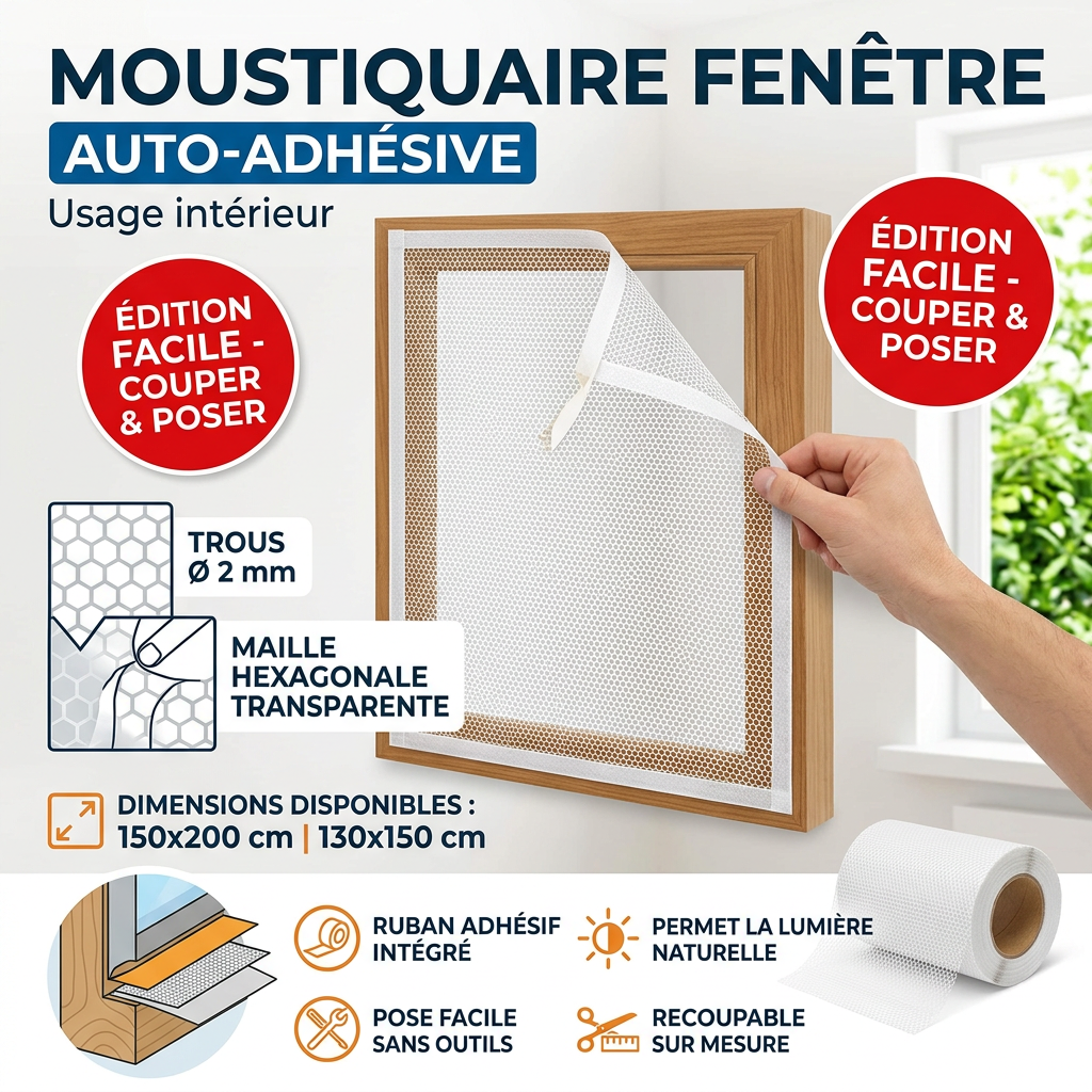 Moustiquaire auto-adhésive intérieure anti-insectes pour fenêtre, texte en français, caractéristiques_ tailles 150x200cm et 130x150cm, maille hexagonale transparente 100% polyester, trous 2mm diamètre, ruban adhés