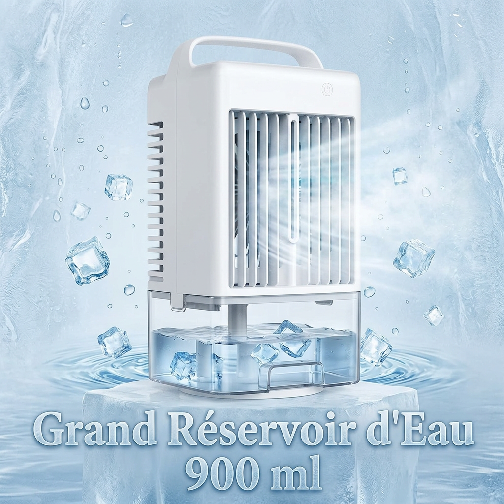 Ventilateur portable blanc avec brumisateur sur fond bleu clair glacé avec effet eau et glaçons. Produit blanc en angle 3_4 montrant le réservoir deau transparent. Texte en français _Grande Capacité Réservoir dE