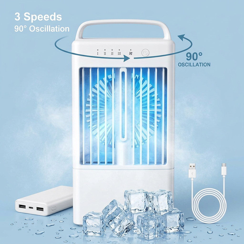 Ventilateur portable blanc avec brumisateur sur fond bleu clair glacé. Vue de face montrant loscillation et les vitesses. Texte en français _3 Vitesses_ et _Oscillation 90°_ avec flèches indiquant le mouvement. A