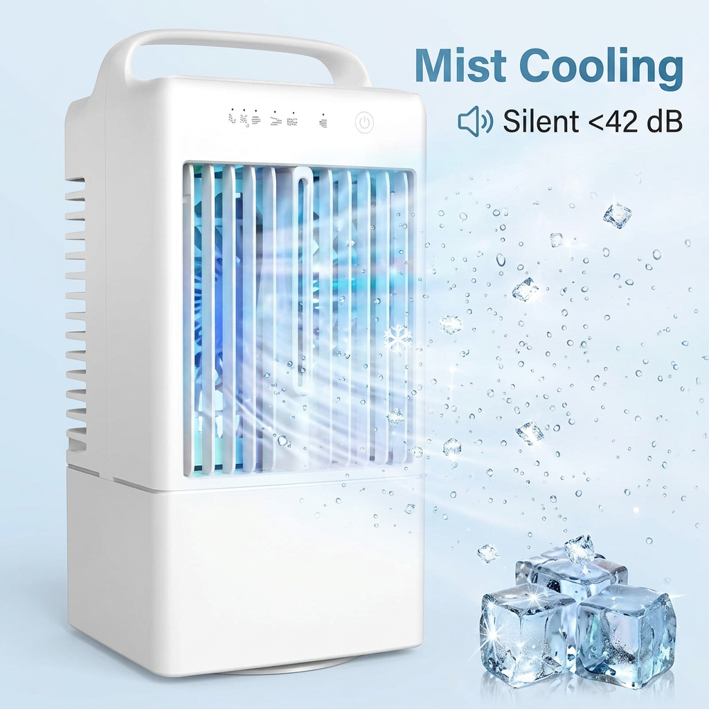 Ventilateur portable blanc avec brumisateur sur fond bleu clair glacé. Vue montrant le système de brumisation en action avec effet brume visible, gouttelettes deau en suspension. Texte en français _Refroidissemen