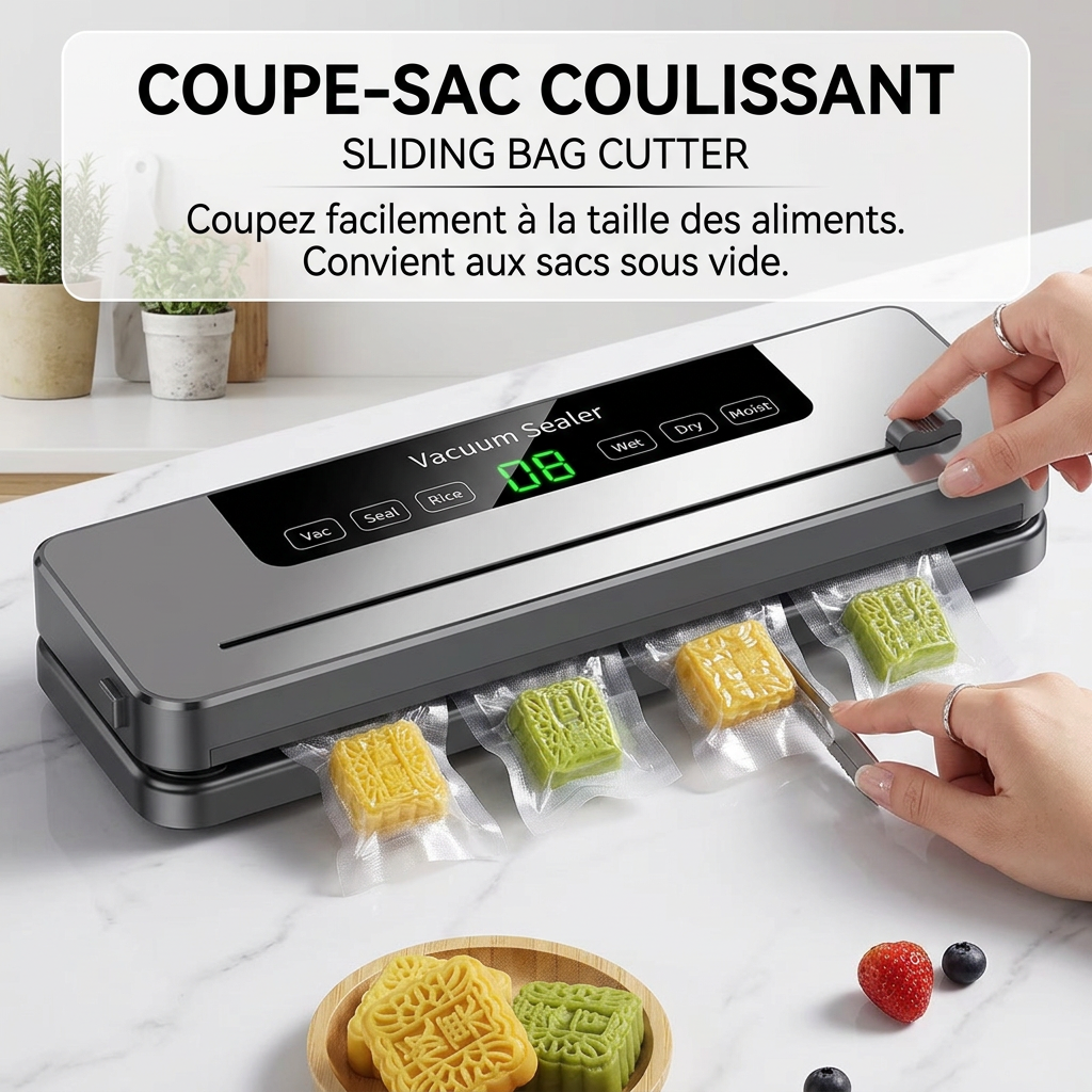 Gros plan sur machine demballage sous vide gris argenté sur surface marbre blanc. Main féminine utilisant le coupe-sac intégré coulissant. Texte en français _COUPE-SAC COULISSANT_ en grand en haut. Sous-titre _Co