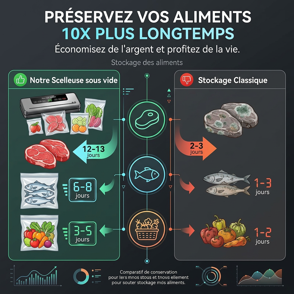 Infographie comparative sur fond gris foncé. Titre en français _CONSERVEZ VOS ALIMENTS 10X PLUS LONGTEMPS_ et sous-titre _Économisez et profitez de la vie_. Deux colonnes _ gauche _Notre Scelleur Sous Vide_ avec p