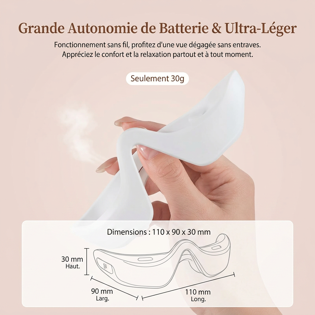 Photo produit e-commerce professionnelle _ mains tenant délicatement le masseur oculaire 3D blanc pour montrer sa légèreté, sur fond beige rosé doux. En haut, texte en français _Longue Autonomie de Batterie &amp; Ultr