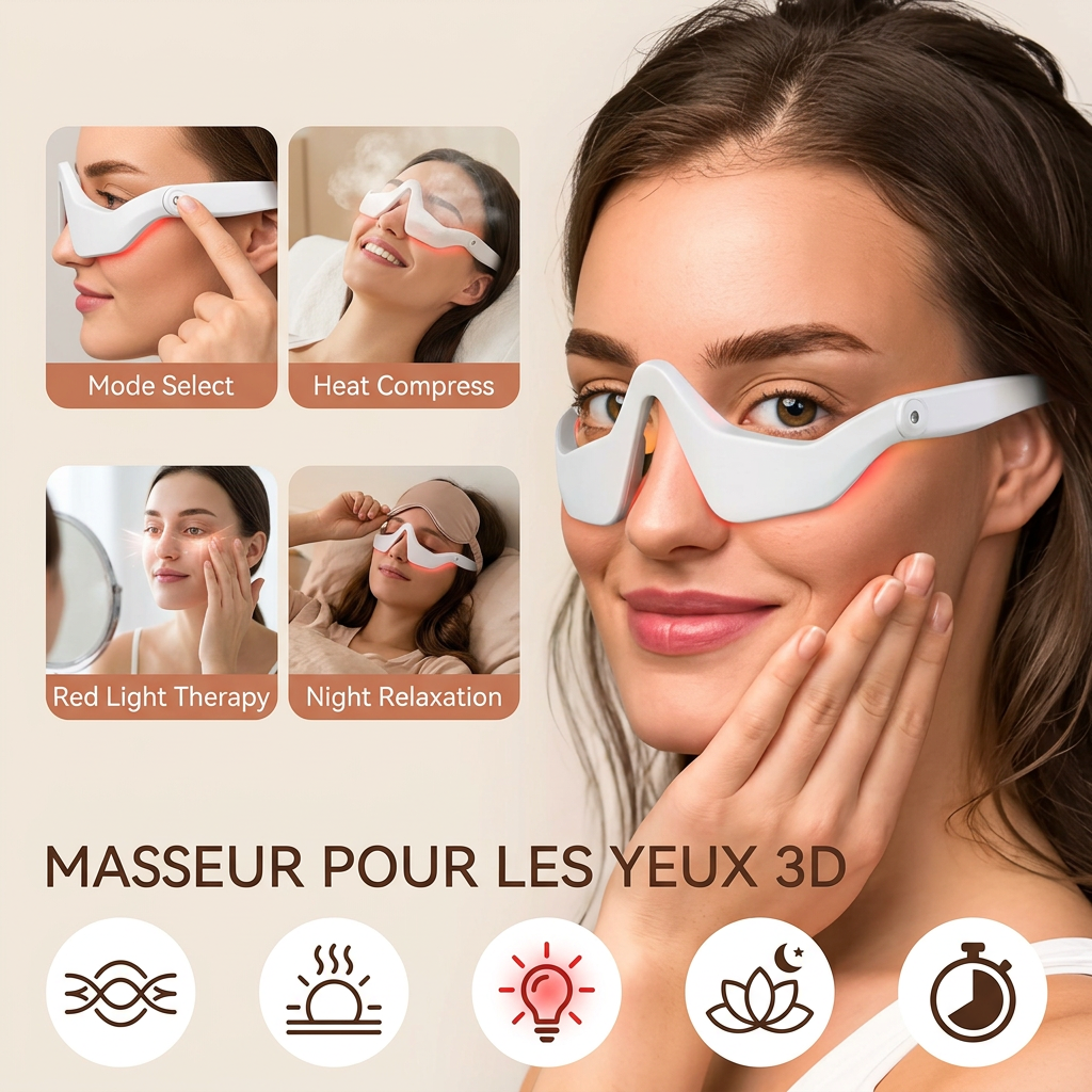 Photo produit e-commerce professionnelle _ femme souriante portant le masseur oculaire 3D blanc sur fond beige clair. À gauche, 4 petites vignettes carrées montrant les différents modes dutilisation du masseur su