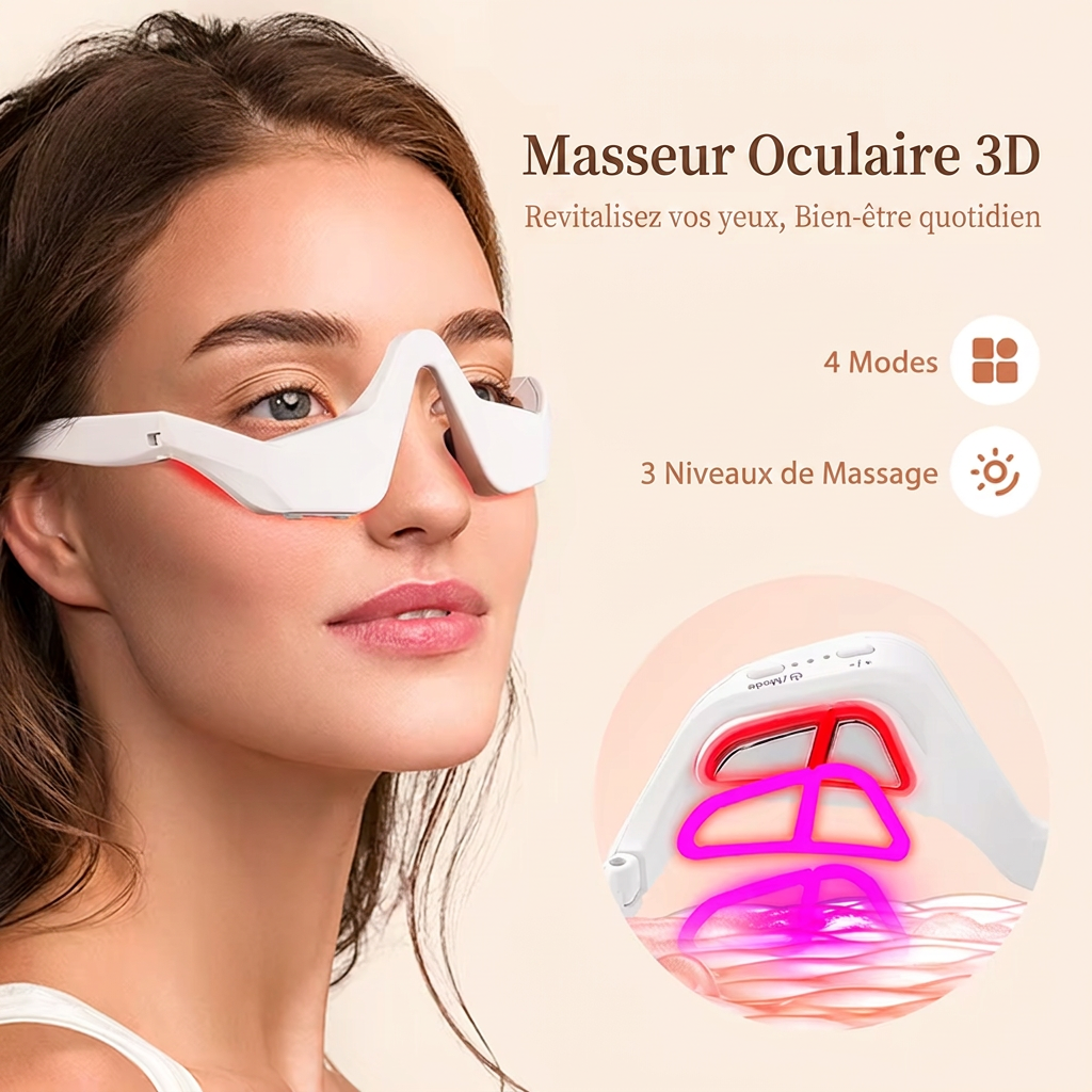Photo produit e-commerce professionnelle _ femme portant un masseur oculaire 3D blanc élégant sur fond beige clair apaisant. Le masseur a une forme ergonomique qui épouse les yeux, en plastique blanc mat. À droite