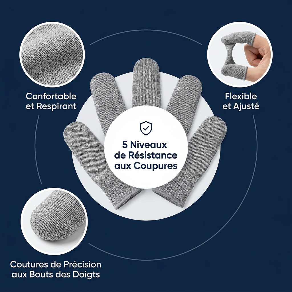 Photo produit e-commerce professionnelle sur fond bleu marine foncé _ composition montrant plusieurs couvre-doigts anti-coupure gris chiné disposés de manière élégante. Au centre, un cercle ou badge blanc avec le