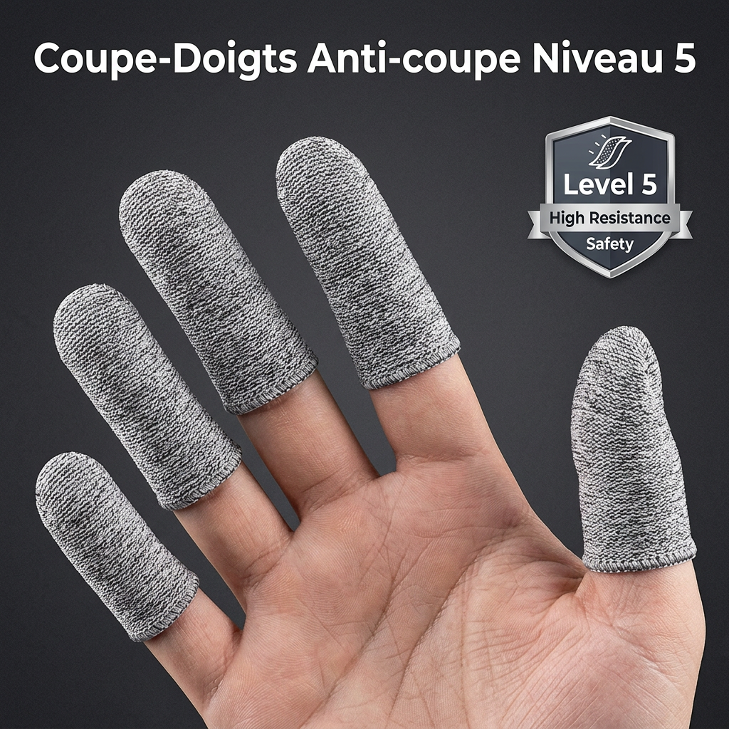 Photo produit e-commerce professionnelle _ main portant des couvre-doigts anti-coupure gris chiné en textile technique sur fond gris foncé. Les couvre-doigts sont portés sur plusieurs doigts, montrant la texture t
