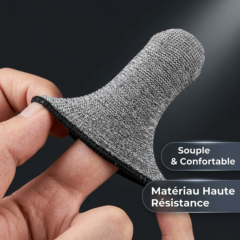 Photo produit e-commerce professionnelle en gros plan _ main tenant et montrant un seul couvre-doigt anti-coupure gris chiné en textile technique sur fond gris foncé. Vue détaillée de la texture tissée serrée et r