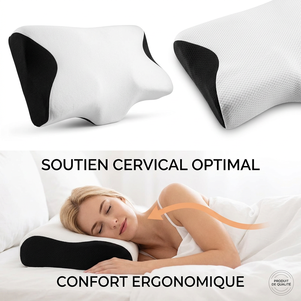 Photo produit e-commerce professionnelle sur fond blanc _ en haut, oreiller ergonomique à mémoire de forme bicolore blanc et noir avec texture en relief, montrant ses deux faces distinctes. En bas, femme blond (1)