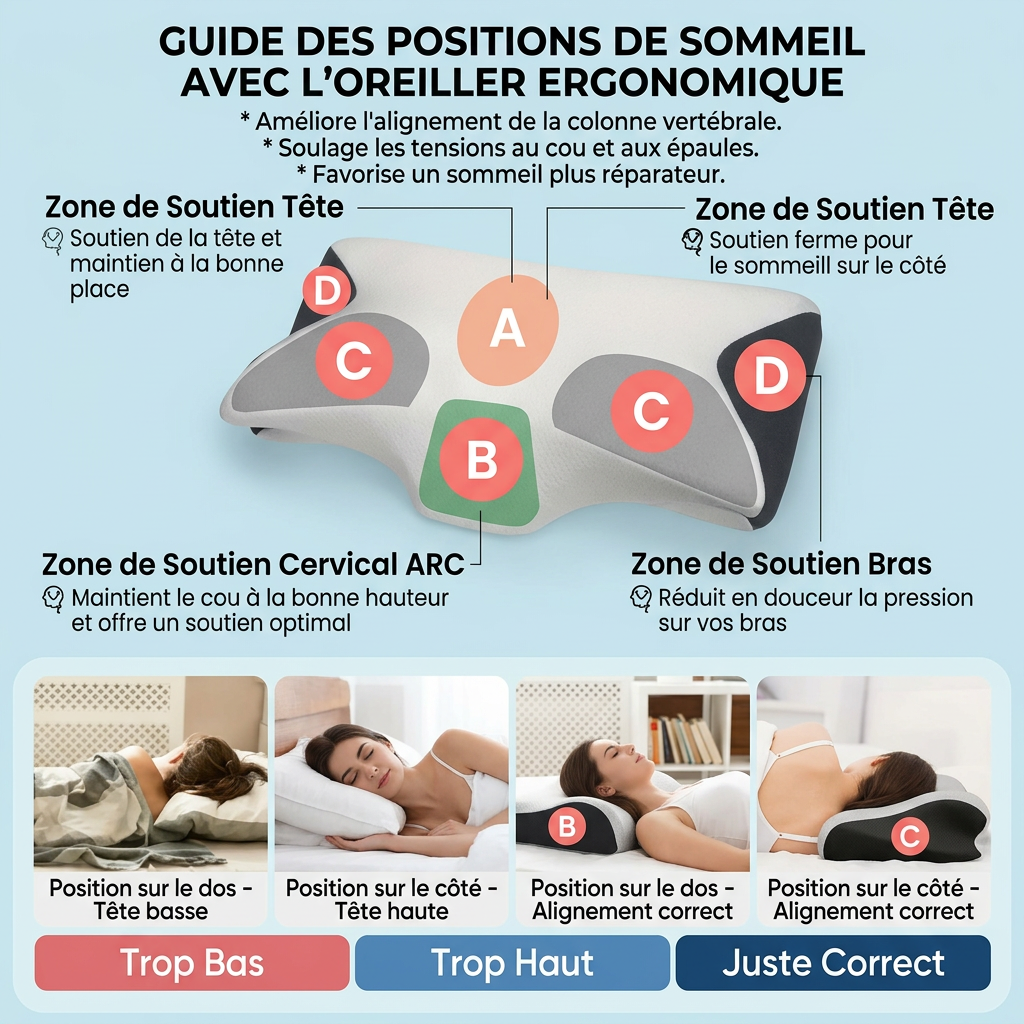 Infographie produit e-commerce professionnelle sur fond bleu clair dégradé _ guide des positions de sommeil avec loreiller ergonomique. En haut, texte en français expliquant les bénéfices. Diagramme central avec