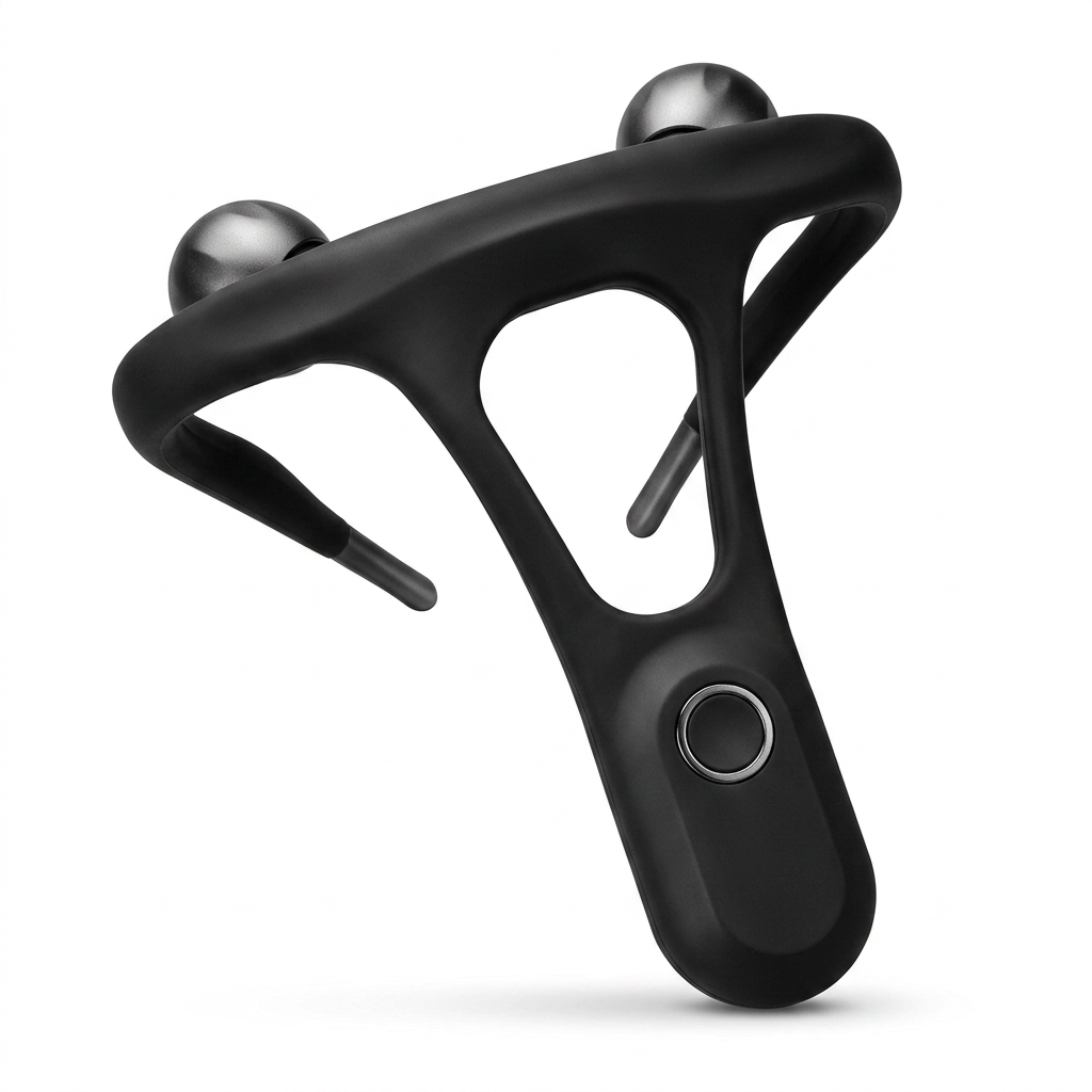 Photo produit e-commerce professionnelle ultra claire et stylée _ appareil de massage noir en forme de Y sur fond blanc pur éclatant, éclairage studio professionnel parfait, ombres douces minimales, netteté maxima
