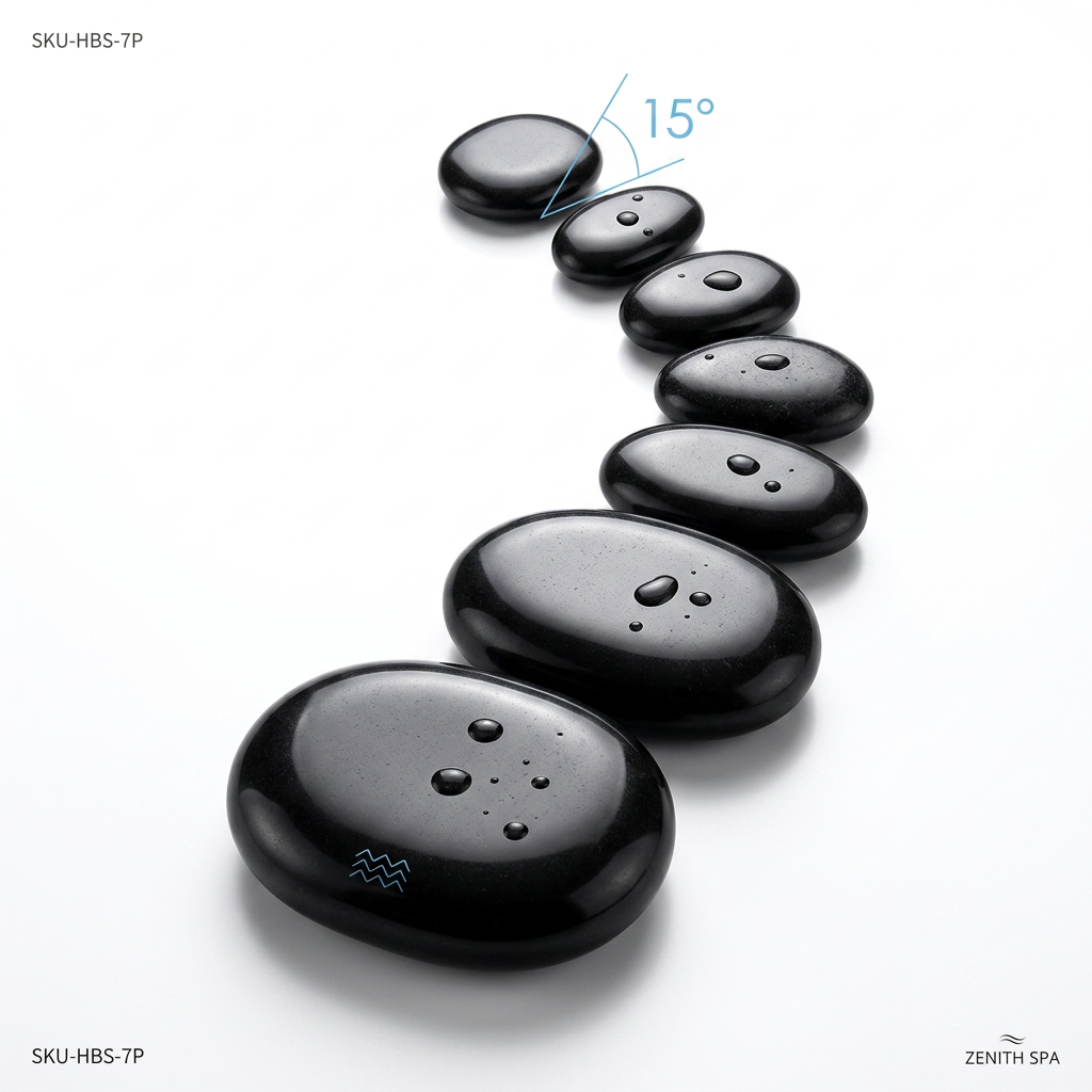 Photo produit e-commerce professionnelle _ set de pierres de massage chaudes en basalte noir disposées harmonieusement, pierres lisses et brillantes, sur fond blanc pur, éclairage studio parfait, netteté maximale,